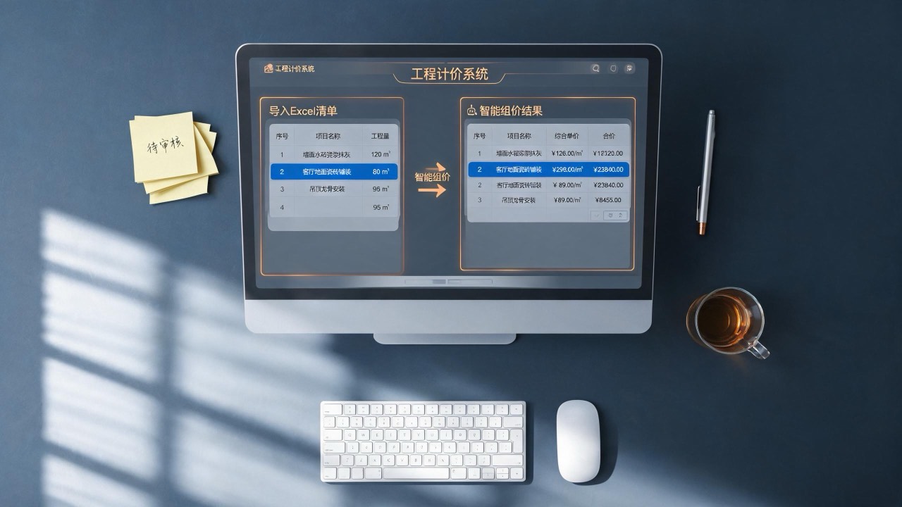Excel清单导入智能组价功能 - 工程造价软件编标场景，俯视角办公桌面